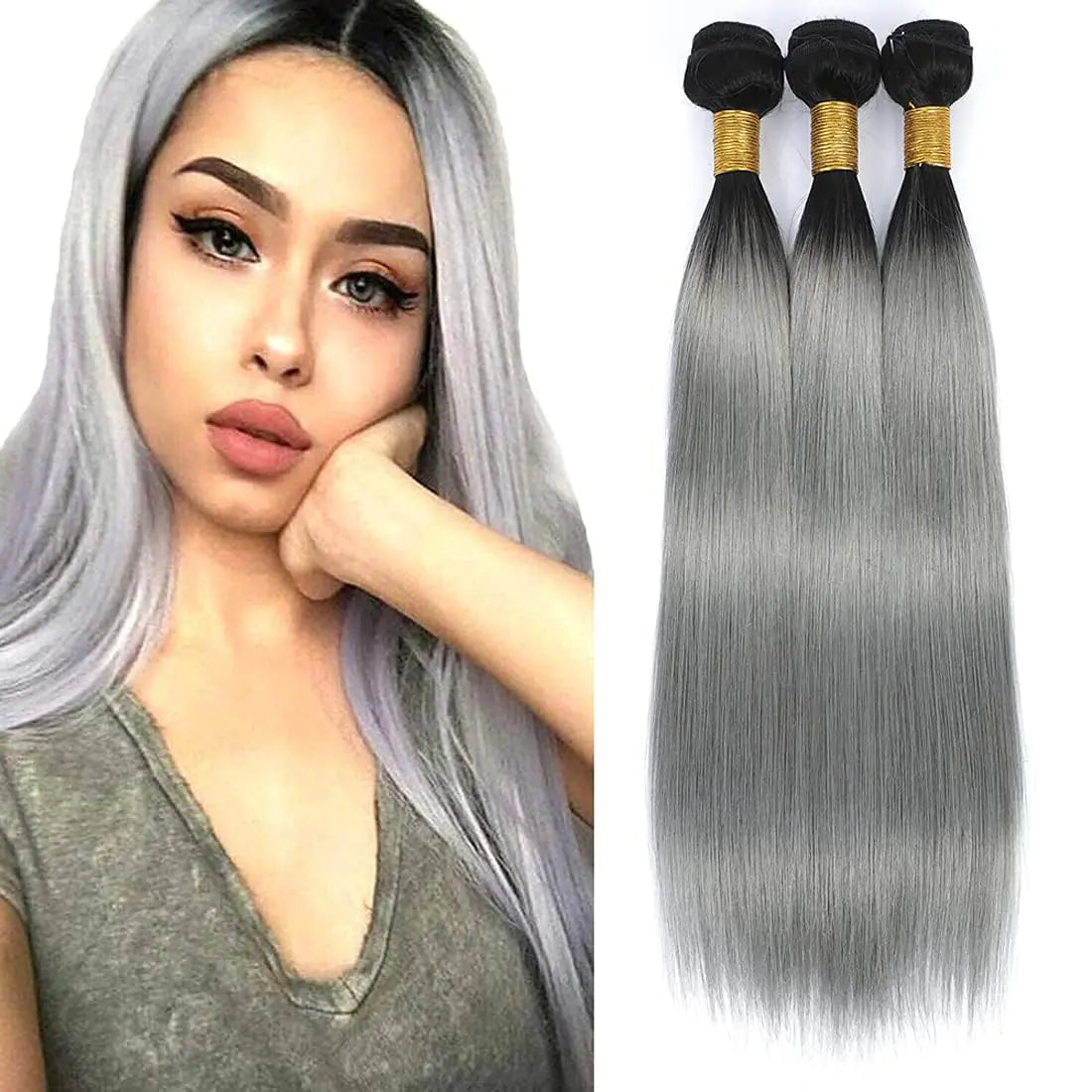 Bafamiya Bundles Human Hair Straight T1B/GREY Human Hair Bundles Unprocessed Brazilian Virgin Wave Bundles Human Hair T1B/GREY Human Hair Quick Weave Hair Extension