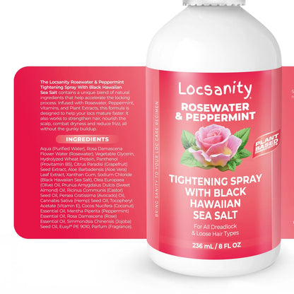 Locsanity Rosewater and Peppermint Rolling, Moisturizing, Tightening Spray Mist w/ Black Hawaiian Sea Salt Locsanity