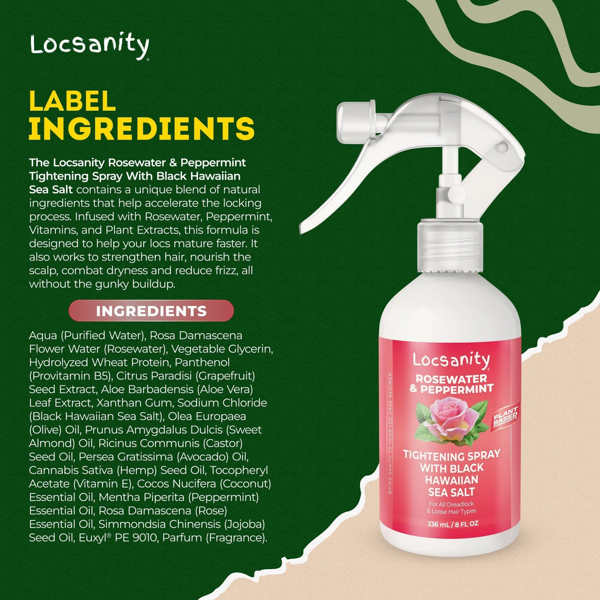 Locsanity Rosewater and Peppermint Rolling, Moisturizing, Tightening Spray Mist w/ Black Hawaiian Sea Salt Locsanity