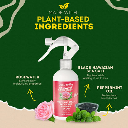Locsanity Rosewater and Peppermint Rolling, Moisturizing, Tightening Spray Mist w/ Black Hawaiian Sea Salt Locsanity
