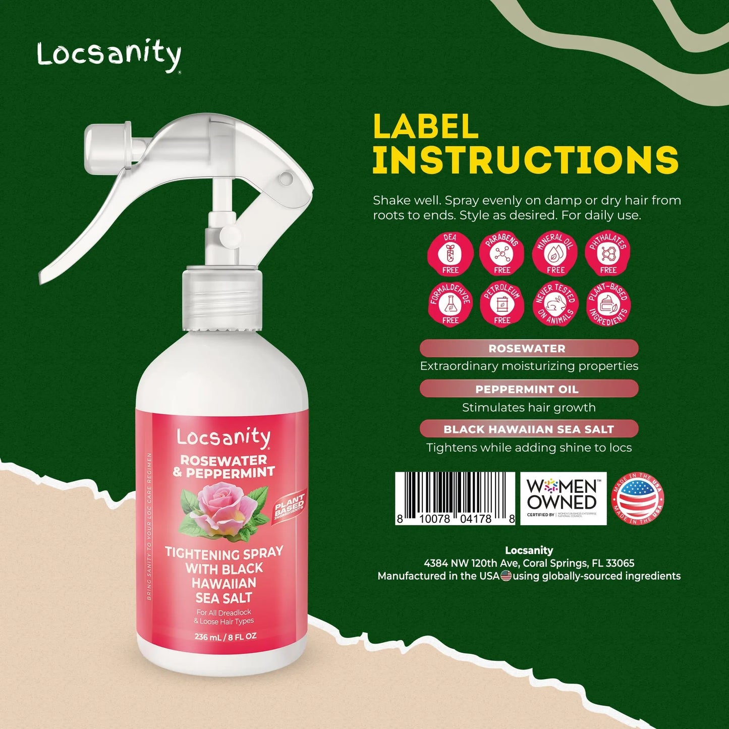 Locsanity Rosewater and Peppermint Rolling, Moisturizing, Tightening Spray Mist w/ Black Hawaiian Sea Salt Locsanity