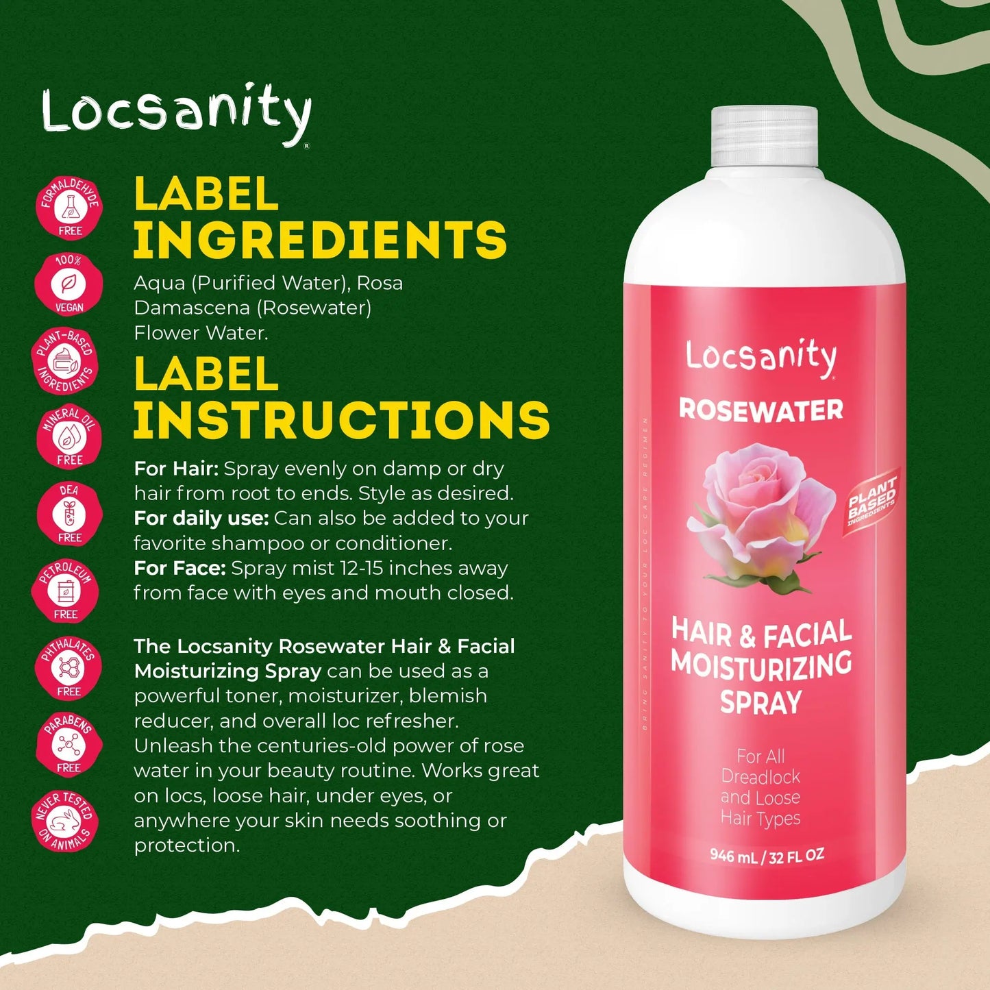 Rosewater Hair and Facial Daily Moisturizing/Refreshing Spray Locsanity